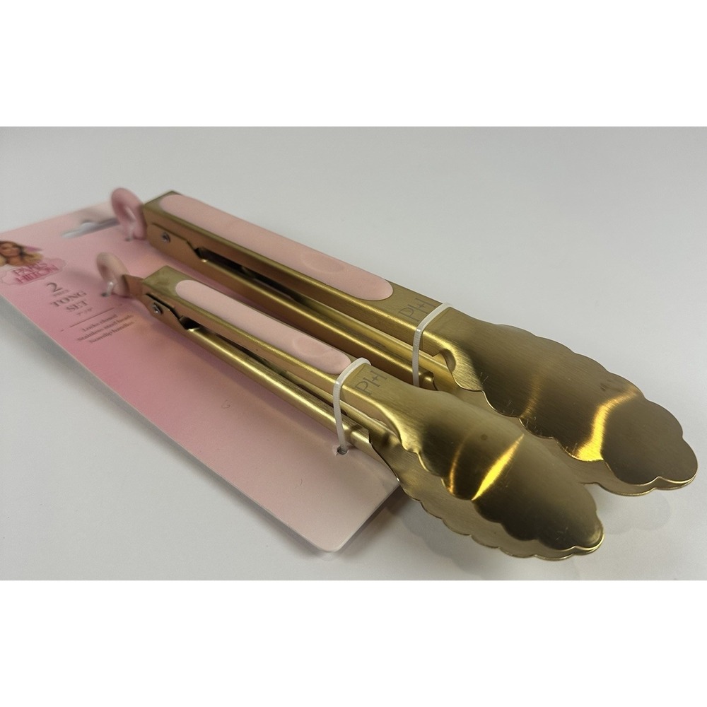 Paris Hilton Pink Gold Kitchen Tongs Set 2pc Stainless Steel Utensils New - Picture 2 of 3